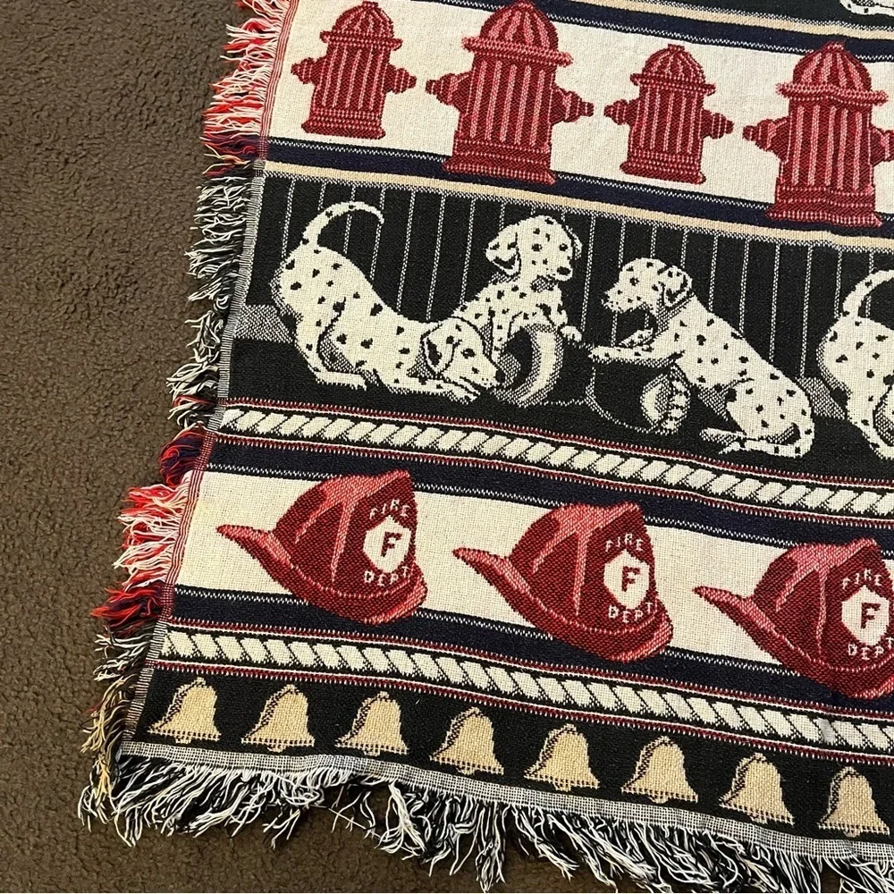 Vintage Crown Crafts Dalmatian Fireman Hydrant Tapestry Throw Blanket